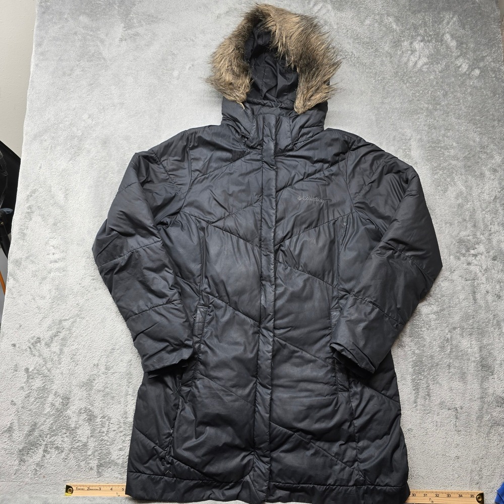 Columbia Hooded Puffer Parka Jacket Womens L Black Faux Fur Pockets WL5073